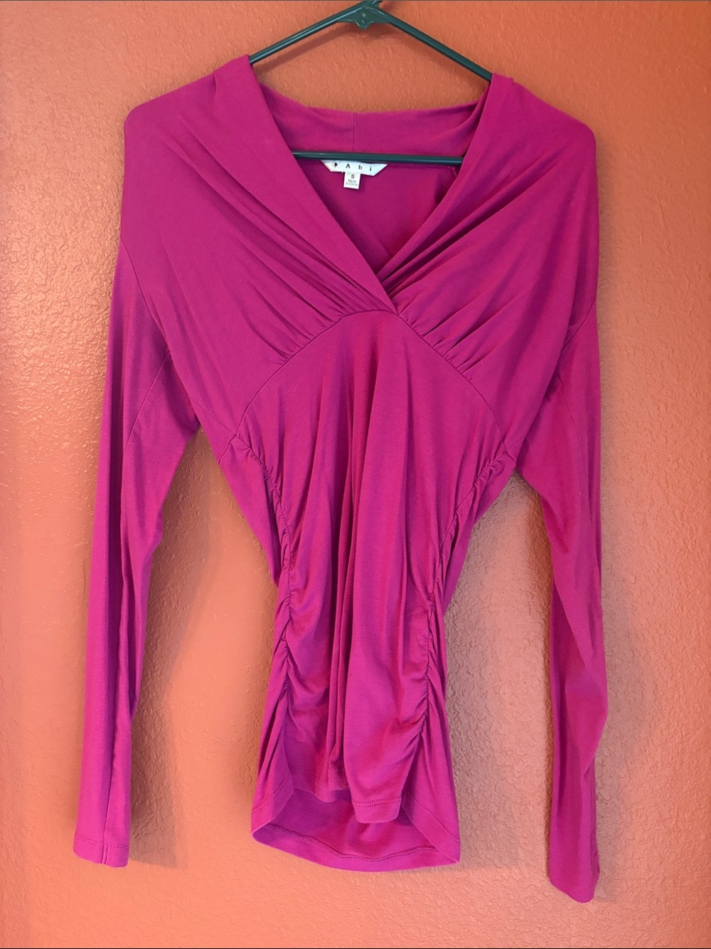 CAbi Fuchsia Ruched V-Neck Long Sleeve Top